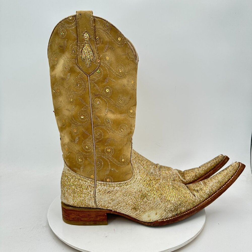 Tres Garcia Men Size 10 Carmel Brown Gold Leather Suede Pointed Toe Cowboy Boot - Picture 4 of 12